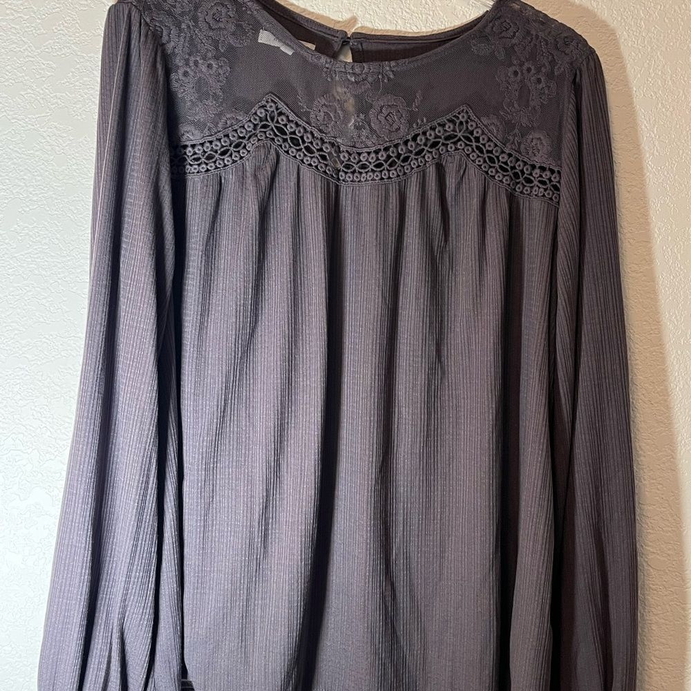 Maurices Lavendar Gray Sheer Neckline- Blouse- Size L